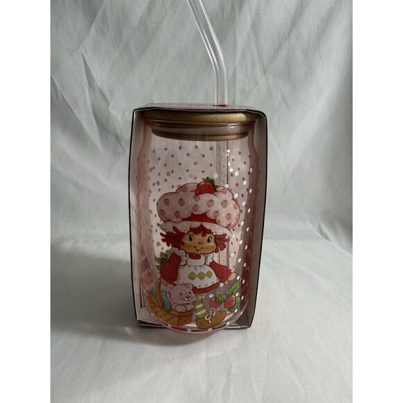 Strawberry Shortcake Custard Glass Tumbler W/ Bamboo Lid and Straw -16 Oz - NEW! - Picture 1 of 4